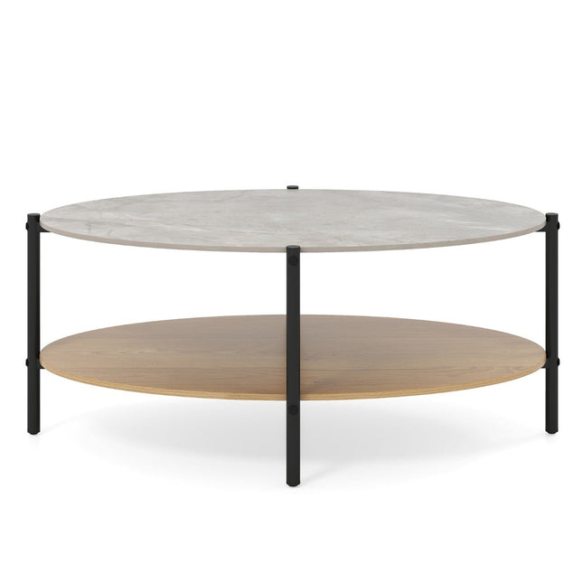 Ovaler Couchtisch, Marmoroptik, Metallgestell, 2 Ebenen, 105x65x43 cm