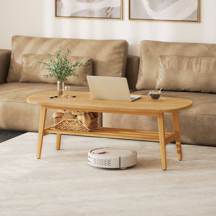 Table basse ovale avec étagère, bois naturel, 120 x 60 x 42 cm