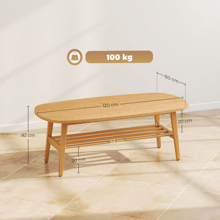Table basse ovale avec étagère, bois naturel, 120 x 60 x 42 cm