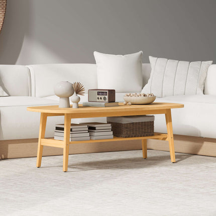 Table basse ovale avec étagère, bois naturel, 120 x 60 x 42 cm