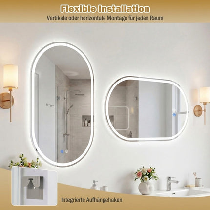Miroir de salle de bain ovale à LED, 90 x 55 cm, antibuée, intensité variable