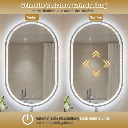 Miroir de salle de bain ovale à LED, 90 x 55 cm, antibuée, intensité variable
