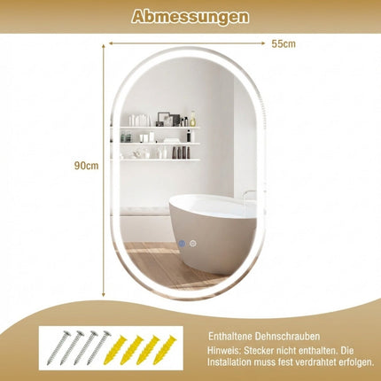 Miroir de salle de bain ovale à LED, 90 x 55 cm, antibuée, intensité variable