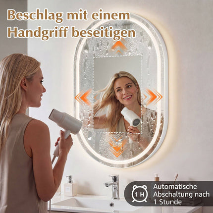 Miroir de salle de bain ovale à LED avec fonction antibuée et éclairage réglable