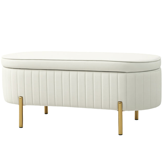 Banc de rangement ovale avec pieds dorés, revêtement en velours, couleur crème