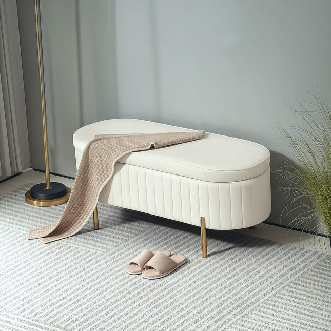 Banc de rangement ovale avec pieds dorés, revêtement en velours, couleur crème
