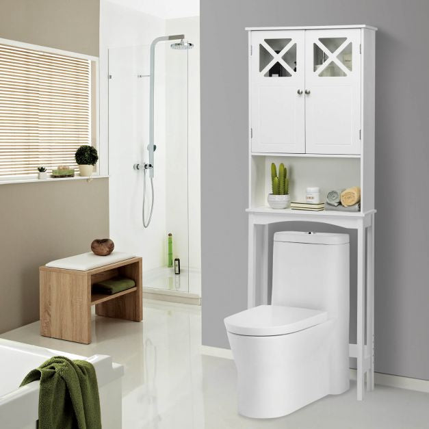 Armoire de rangement pour salle de bain à poser au-dessus des toilettes, 3 niveaux, portes vitrées