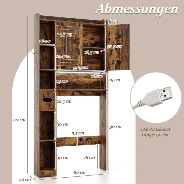 Armoire de rangement à suspendre aux toilettes, éclairage LED, étagères réglables