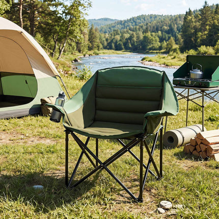 Oversized Green Camping Chair, Foldable with Cushion & Cup Holder