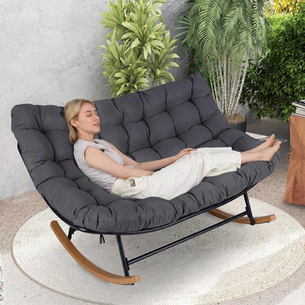 Fauteuil à bascule surdimensionné en métal avec coussin épais, gris foncé