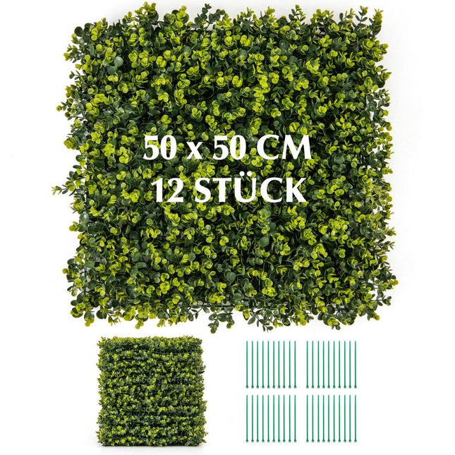 Pack de 12 panneaux de buis de haie artificielle de 50 x 50 cm de 7 cm d'épaisseur et surface ondulée