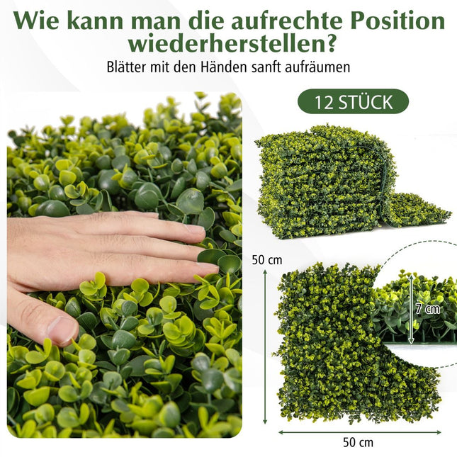 Pack de 12 panneaux de buis de haie artificielle de 50 x 50 cm de 7 cm d'épaisseur et surface ondulée