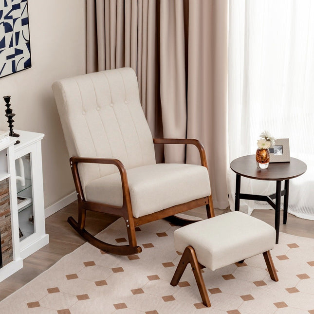 Rocking chair rembourré avec tabouret et coussins Rocking chair avec structure en bois beige