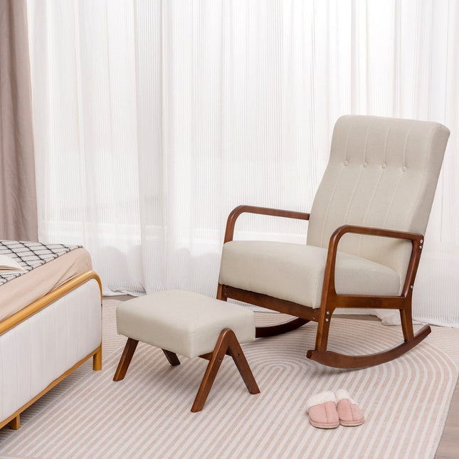 Rocking chair rembourré avec tabouret et coussins Rocking chair avec structure en bois beige