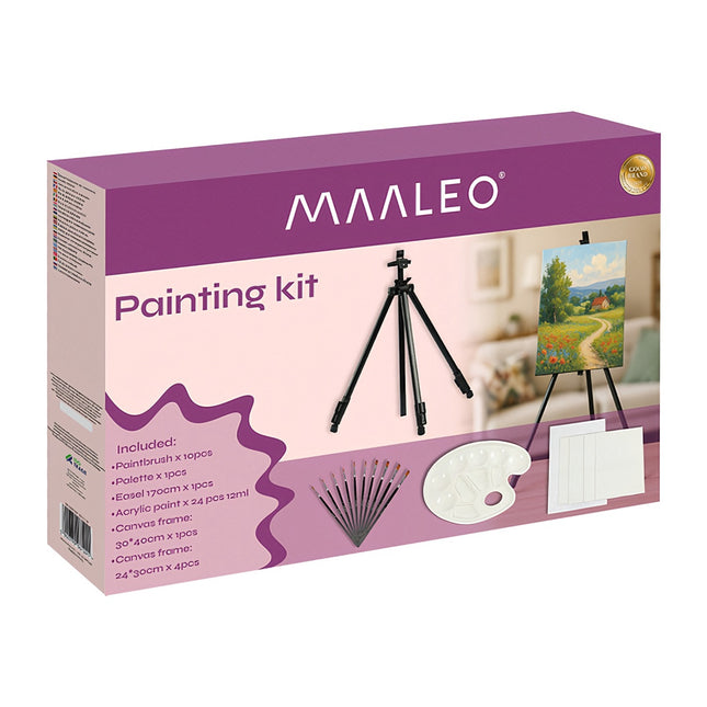 Coffret de peinture avec chevalet, 24 peintures acryliques, 3 toiles