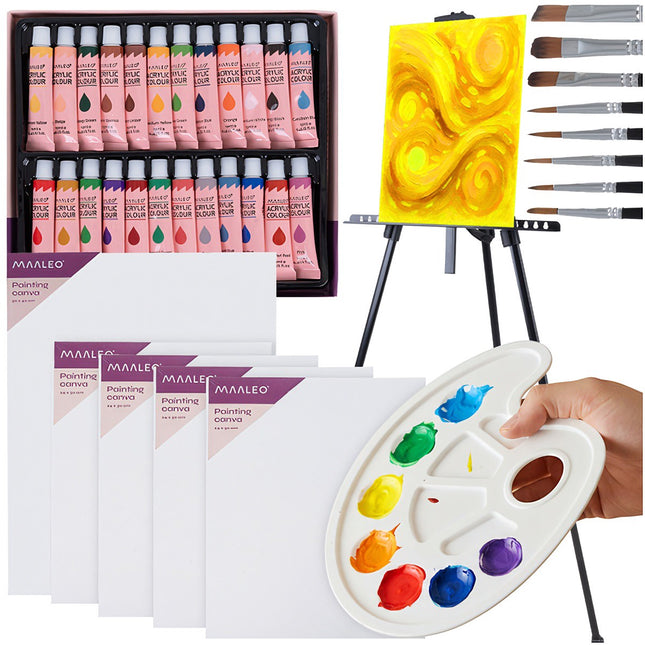 Coffret de peinture avec chevalet, 24 peintures acryliques, 3 toiles