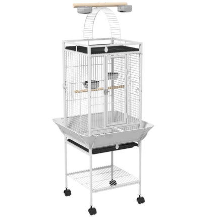 Cage pour perroquet avec 3 portes, 2 perchoirs et roulettes, blanche
