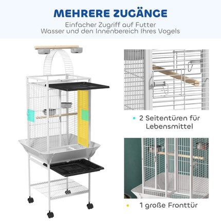 Cage pour perroquet avec 3 portes, 2 perchoirs et roulettes, blanche