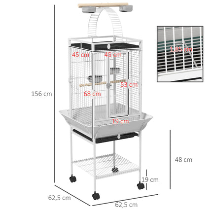 Cage pour perroquet avec 3 portes, 2 perchoirs et roulettes, blanche