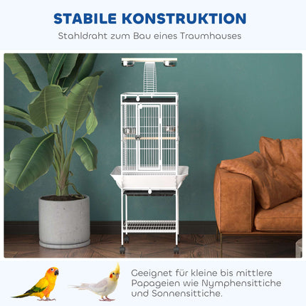 Cage pour perroquet avec 3 portes, 2 perchoirs et roulettes, blanche
