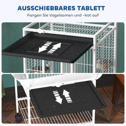 Cage pour perroquet avec 3 portes, 2 perchoirs et roulettes, blanche
