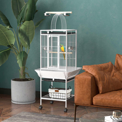 Cage pour perroquet avec 3 portes, 2 perchoirs et roulettes, blanche