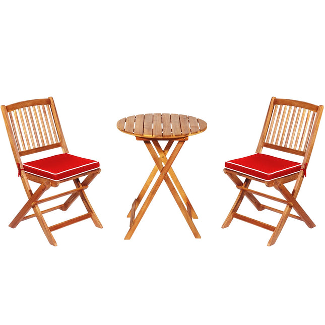 Ensemble bistro pliant de patio en bois d'acacia, 3 pièces, coussins rouges