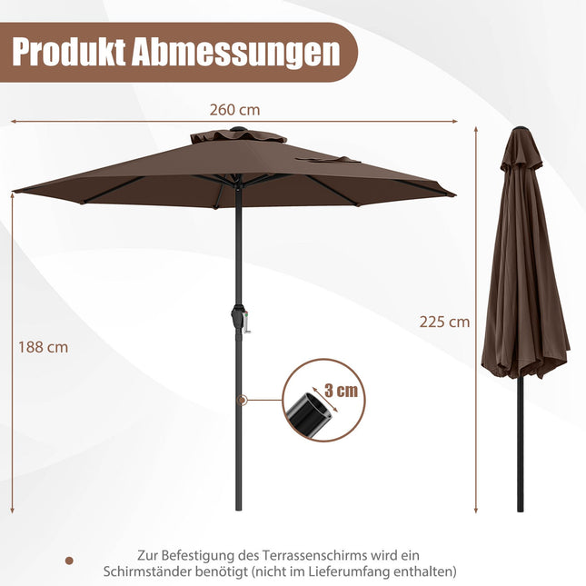 Parasol de terrasse 250 cm avec manivelle, 8 baleines, marron