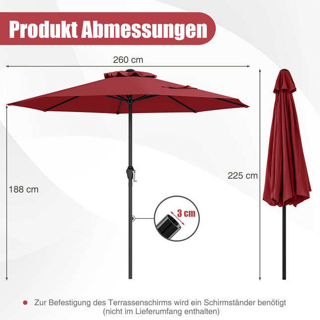 Parasol de terrasse 250 cm avec manivelle, 8 baleines, bordeaux