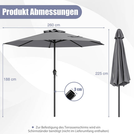 Parasol de terrasse 250 cm avec manivelle, 8 baleines, gris