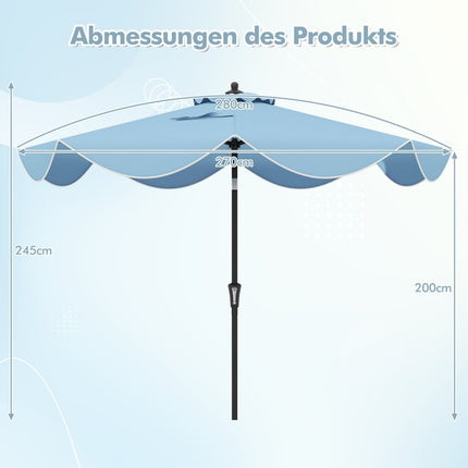Parasol de terrasse, 280 cm, inclinable et à manivelle, bleu, bords froncés
