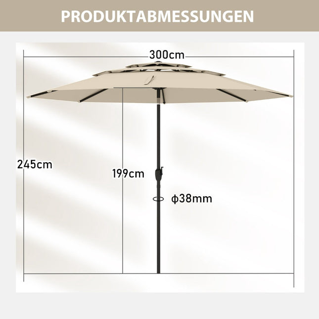 Parasol de terrasse, 300 cm, inclinable et à manivelle, beige