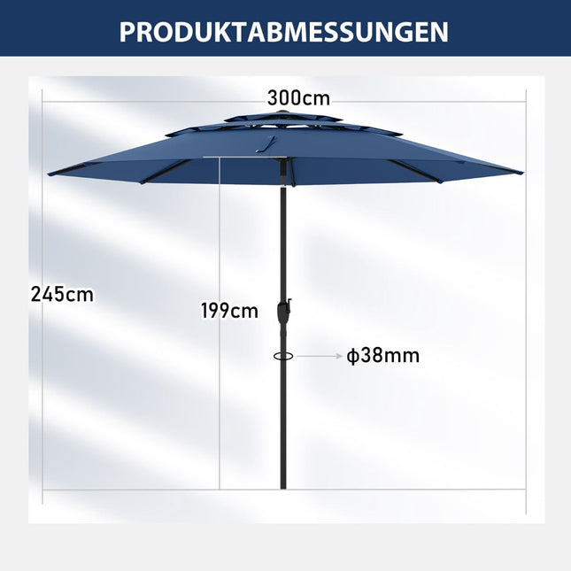Parasol de terrasse 300 cm, inclinable et à manivelle, bleu marine
