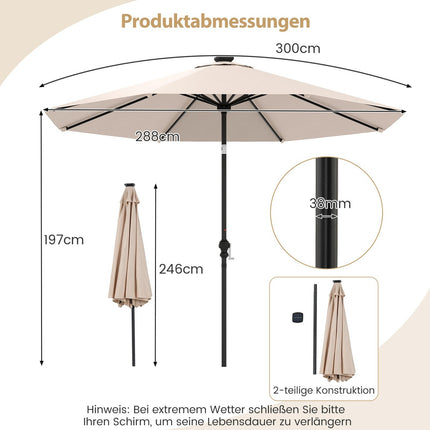 Sonnenschirm 300cm mit Solar-LED-Beleuchtung, 9 Modi