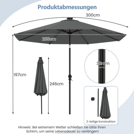 Sonnenschirm 300cm mit Solar-LED-Beleuchtung, 9 Modi