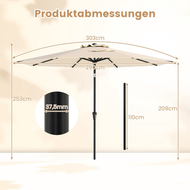 Parasol de terrasse de 303 cm de diamètre, inclinable, beige