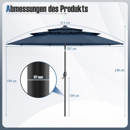 Sonnenschirm, 3-stöckig, Solar-LED, neigbar, Marineblau