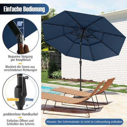 Sonnenschirm, 3-stöckig, Solar-LED, neigbar, Marineblau