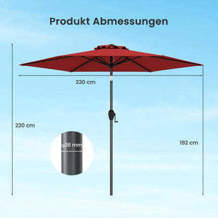 Sonnenschirm mit Kurbel, 230 cm, Rot, Verstellbare Neigung