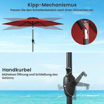 Sonnenschirm mit Kurbel, 230 cm, Rot, Verstellbare Neigung