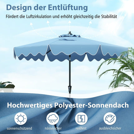 Parasol de terrasse avec manivelle, inclinaison et ventilation, 280 cm, bleu