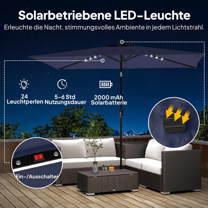 Sonnenschirm mit Solar-LED-Beleuchtung, Knickfunktion und Kurbel, Navy