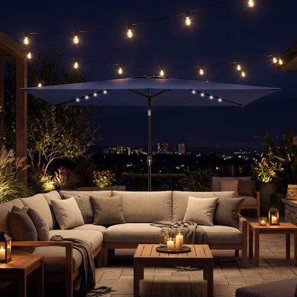 Sonnenschirm mit Solar-LED-Beleuchtung, Knickfunktion und Kurbel, Navy