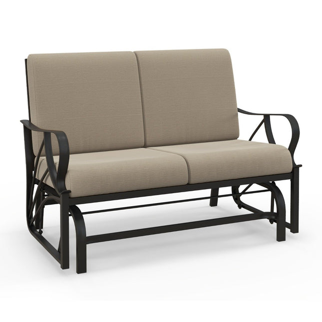 Terrassenbank mit Kissen, besprühter Metallrahmen, geschwungene Armlehnen, ergonomisches Design, braun
