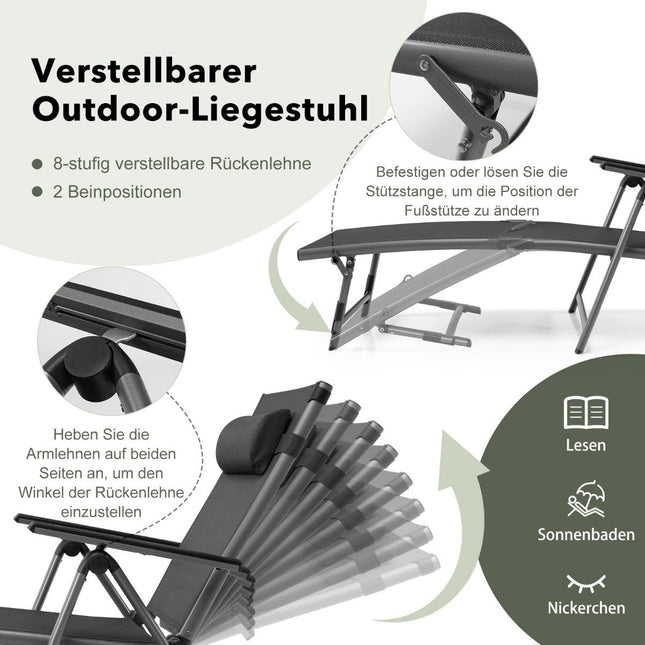Terrassenliegestuhl Outdoor Terrassenstuhl Klappliege mit 8 verstellbaren Rückenlehnen schwarz