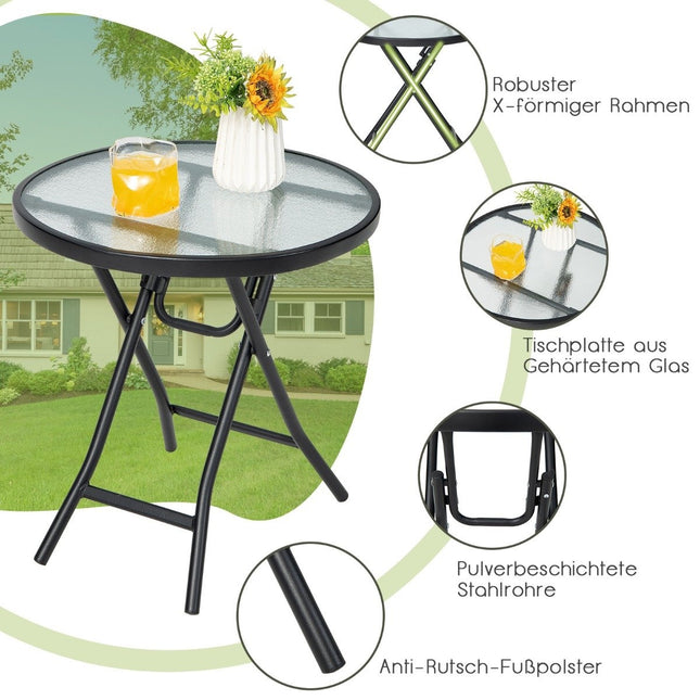 Table à manger de patio table ronde en verre avec plateau en verre trempé 46,5 x 46,5 x 47,5 cm noir