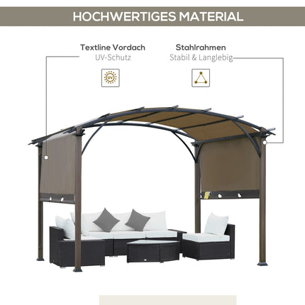 Pergola Pavillon 3,45X3,45M Avec Toit En Tissu Réglable, Auvent Uv+50, Imperméable, Acier Textline, Café+Marron