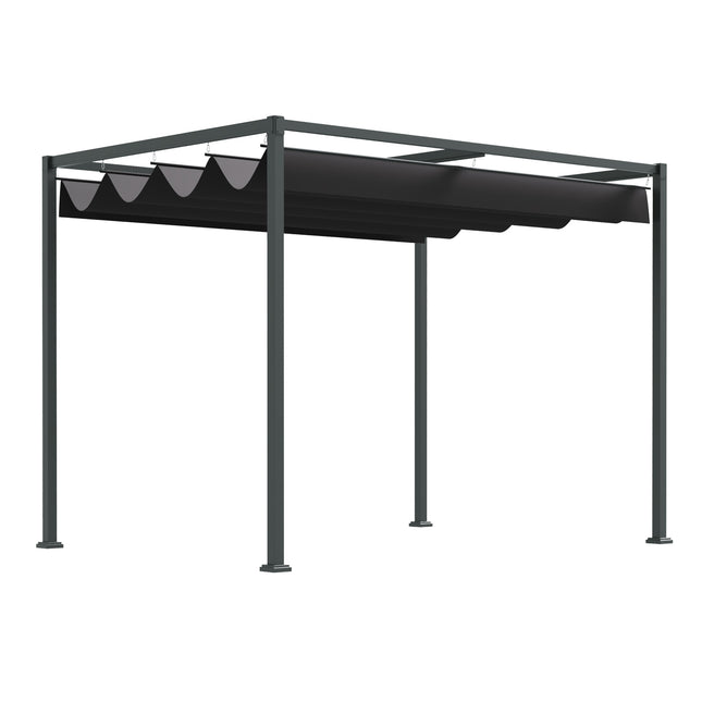 Pergola Gazebo Auvent De Patio Avec Toit Coulissant, Polyester, Noir + Gris, 298X213X221Cm