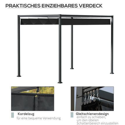 Pergola Gazebo Auvent De Patio Avec Toit Coulissant, Polyester, Noir + Gris, 298X213X221Cm