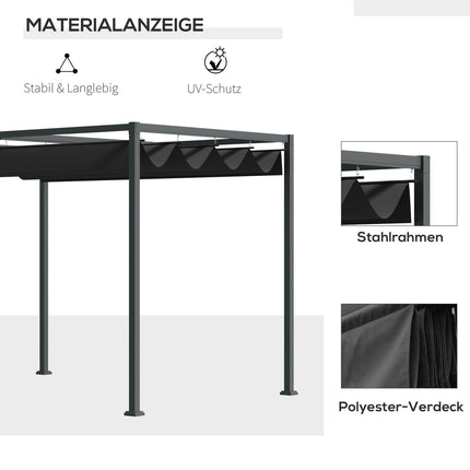 Pergola Gazebo Auvent De Patio Avec Toit Coulissant, Polyester, Noir + Gris, 298X213X221Cm